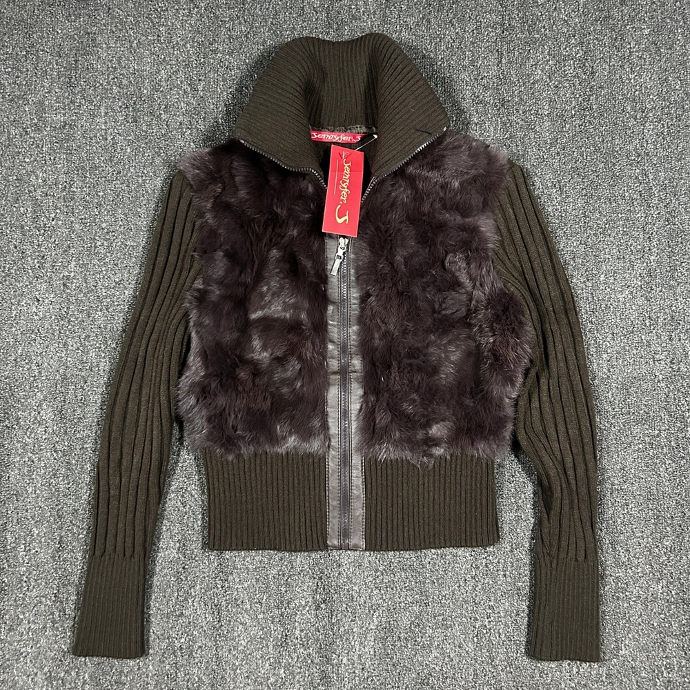 Jennyfer J Fur Front Zip Sweater Womens Large Brown Ribbed Knit NWT Y2K Luxe